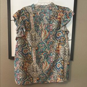 Chic Blue and Orange Blouse with Mandarin Collar and Flutter Sleeves